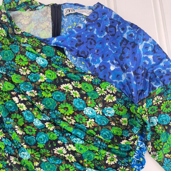 Zara Draped Print Green Blue Floral Top Size US Medium Dainty Long Sleeve - Picture 4 of 8